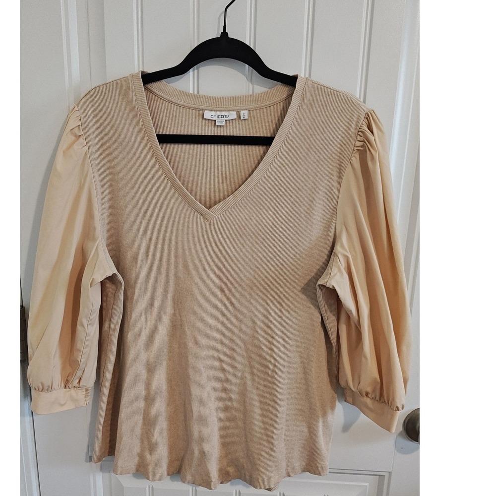 Womens Size 3 XL Chico's Beige Puff Sleeve Ribbed V-Neck‎ Mixed Media Top
